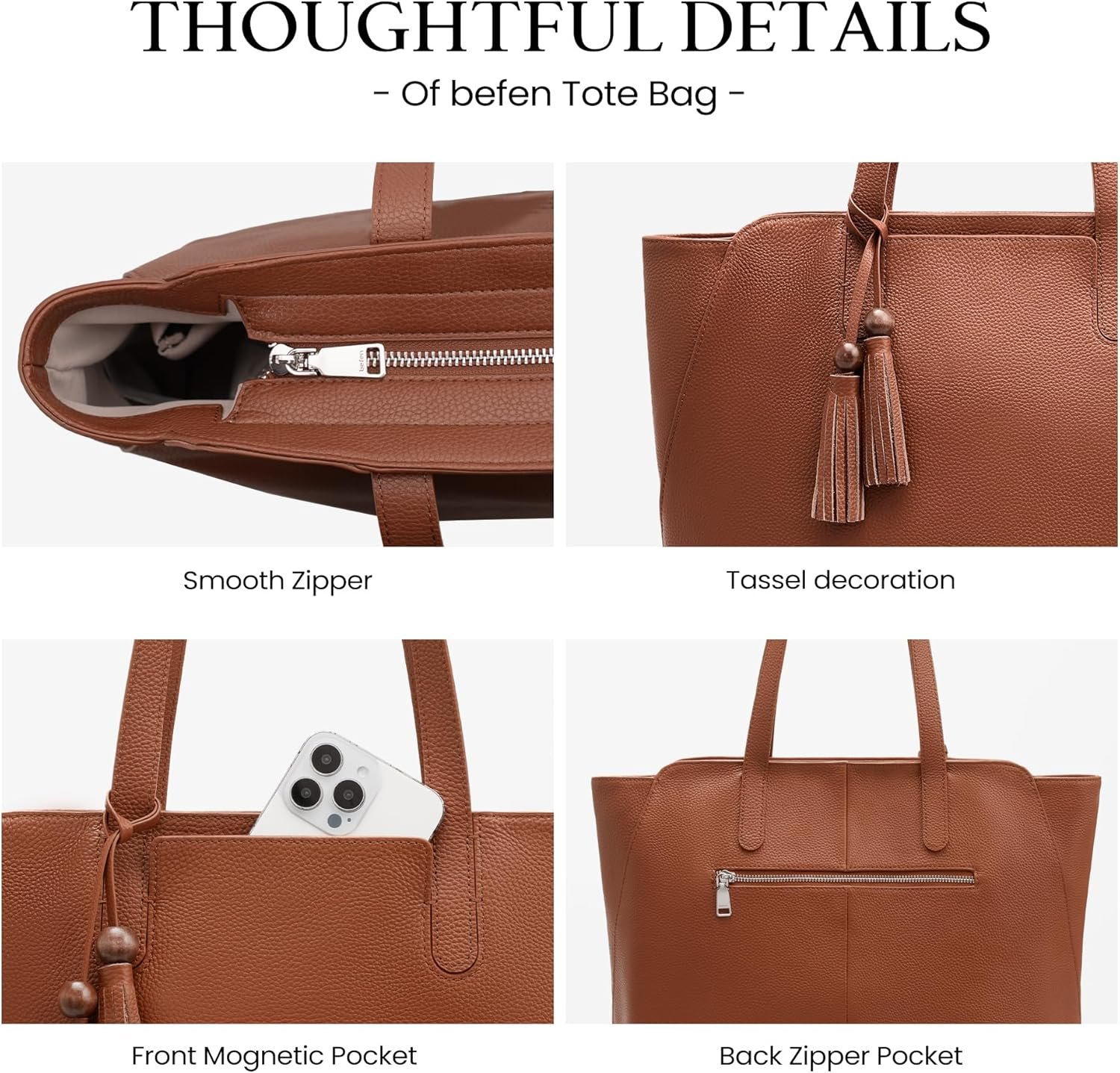 befen Genuine Leather Tote Bag for Women Work, Women's Tote Handbags Shoulder Satchel Purse with Compartments and Tassel - Image 5