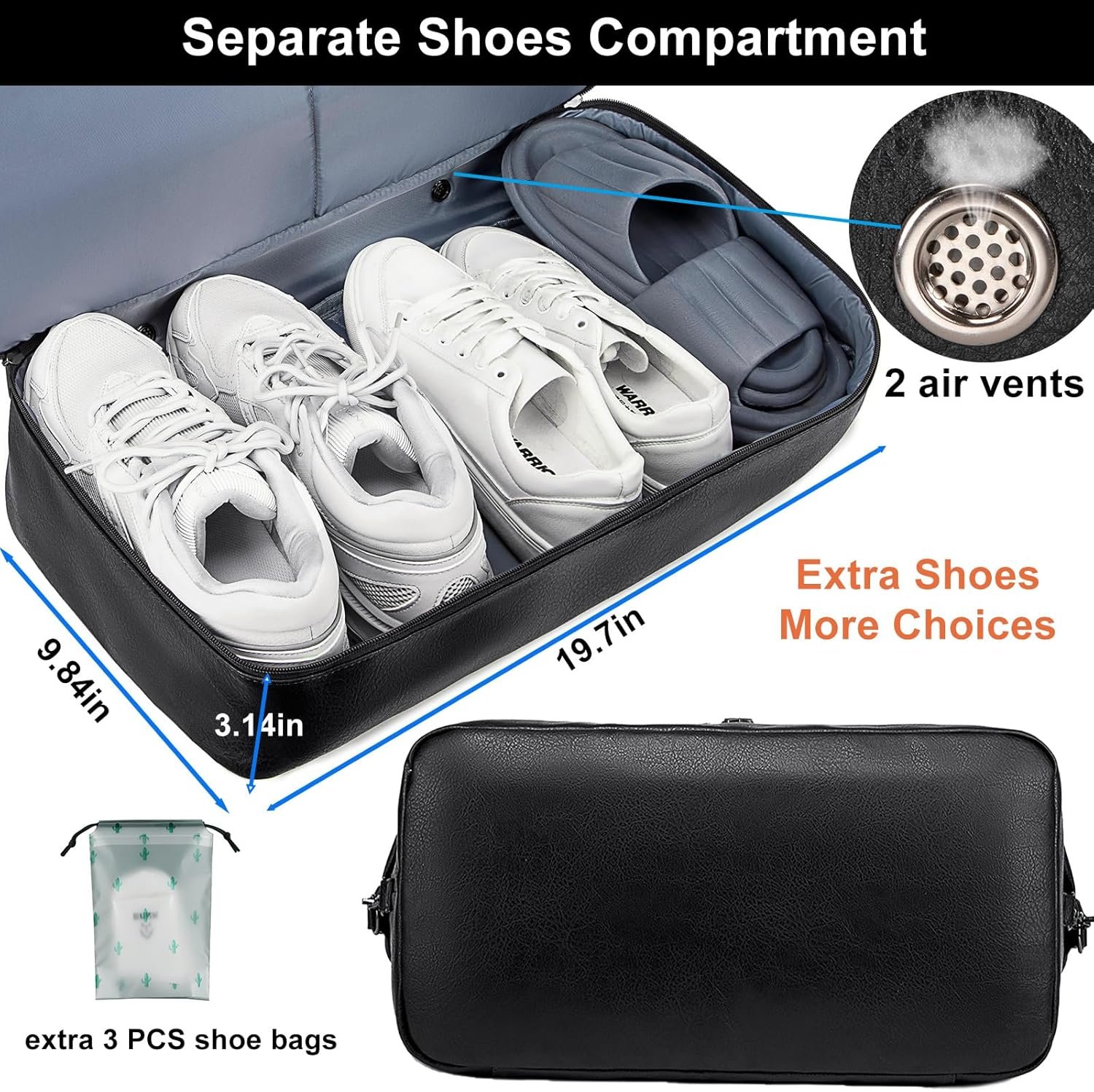 weiatas Faux Leather Travel Duffel Bag for Women Men, Large Weekender Overnight Bag with Shoes Compartment, Waterproof Carry On Bag Travel Tote Bag Gym Bag with Luggage Strap (Black) - Image 3