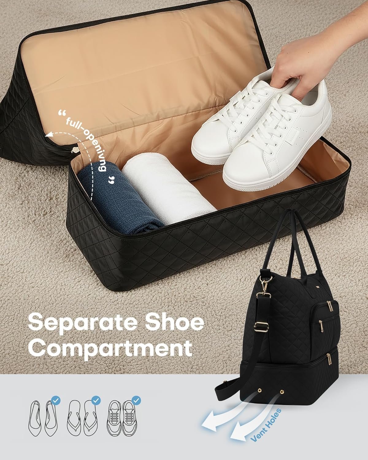 HOTOR Travel Duffle Bag for Women - Carry on Bag with Toiletry Pouch & Shoe Compartment, Large Overnight Weekender Bags for Gym, Business Trips, Sports and Hospital, Black, 17.3" x 7.9" x 13.4" - Image 6