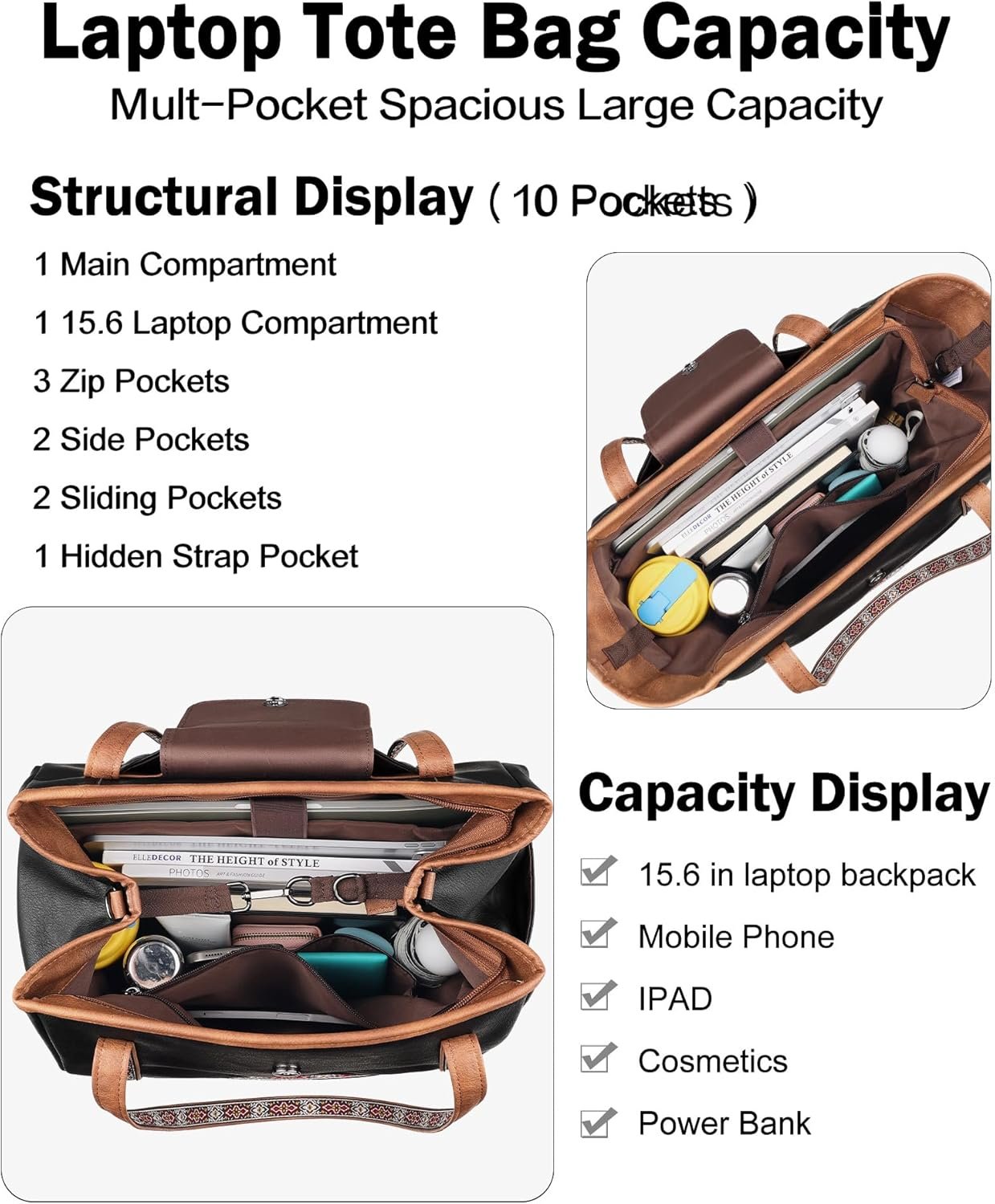 FADEON Large Laptop Tote Bag for Women Designer Leather Laptop Bag Fashion Travel Backpack Purse Shoulder Handbag - Image 4