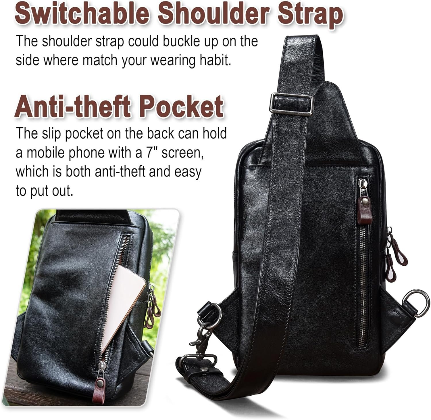 Genuine Leather Sling Bag for Men and Women Crossbody Shoulder Bag Side Sling Backpack Chest Purse Cross Body Casual Daypack - Image 3