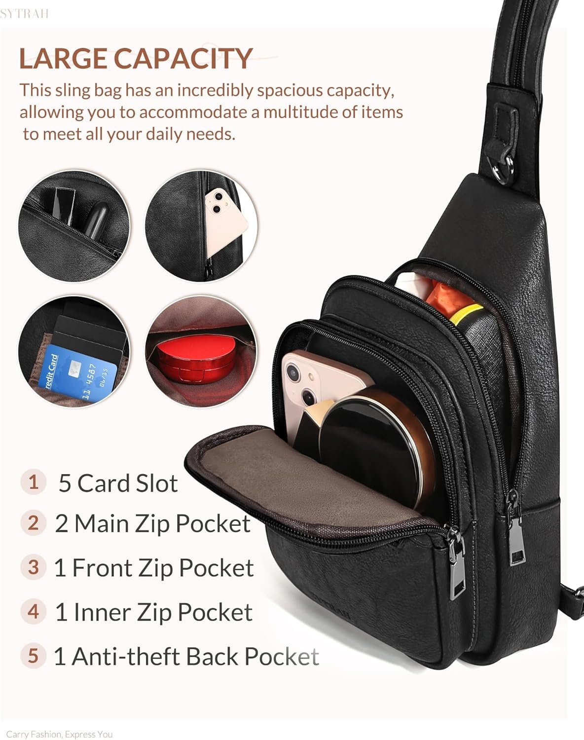 Sling Bag for Women, Crossbody Bags for Women Trendy Crossbody Purse Vegan Leather Sling Backpack Chest Bag with Dual Purpose Strap, Pure Black - Image 4