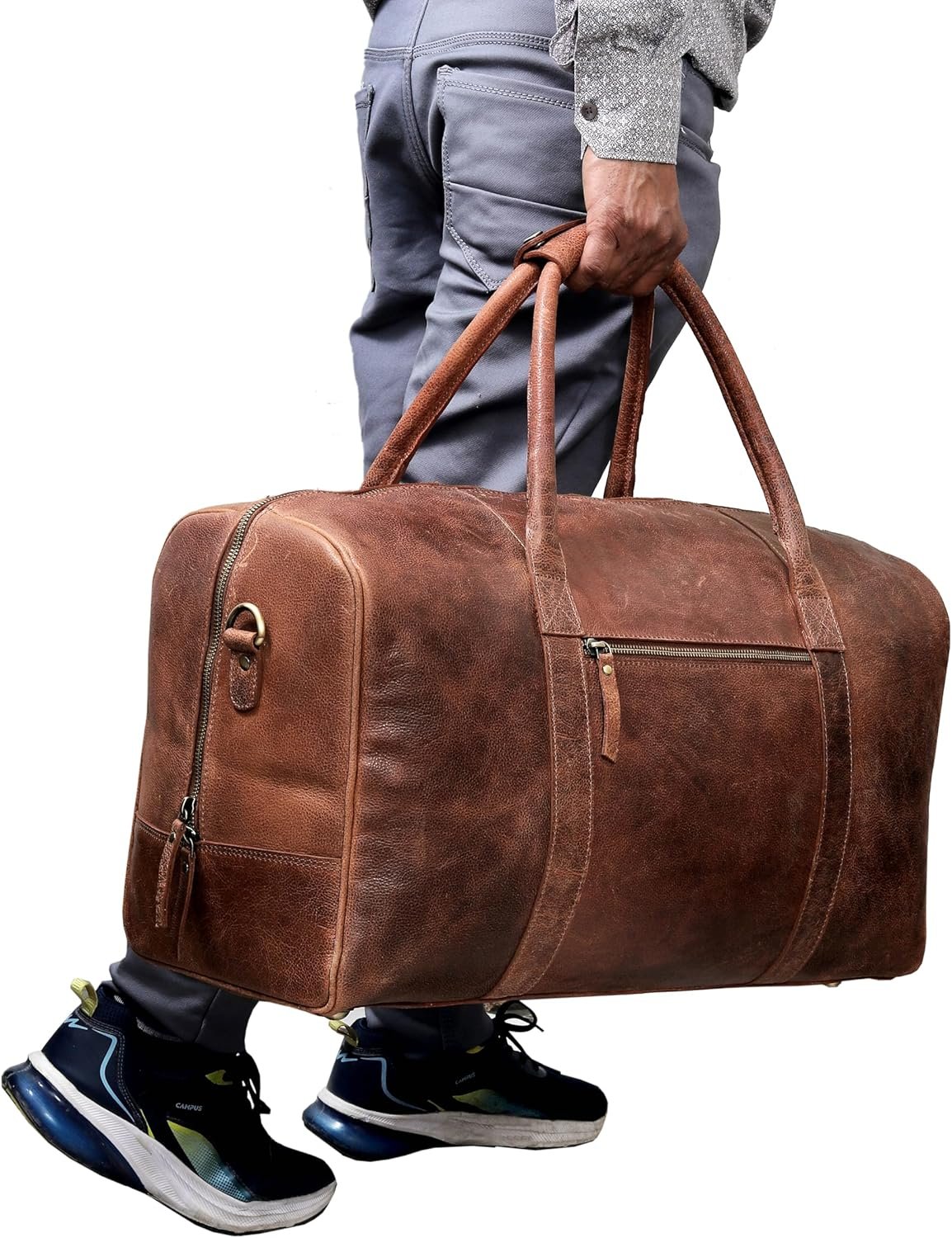 21 inch Cowhide Leather Duffel Bag for Men and Women Handmade Weekender Overnight Travel Gym Bag Vintage Style Carry On Cabin Luggage Sports Shoulder Duffle Bag - Image 9