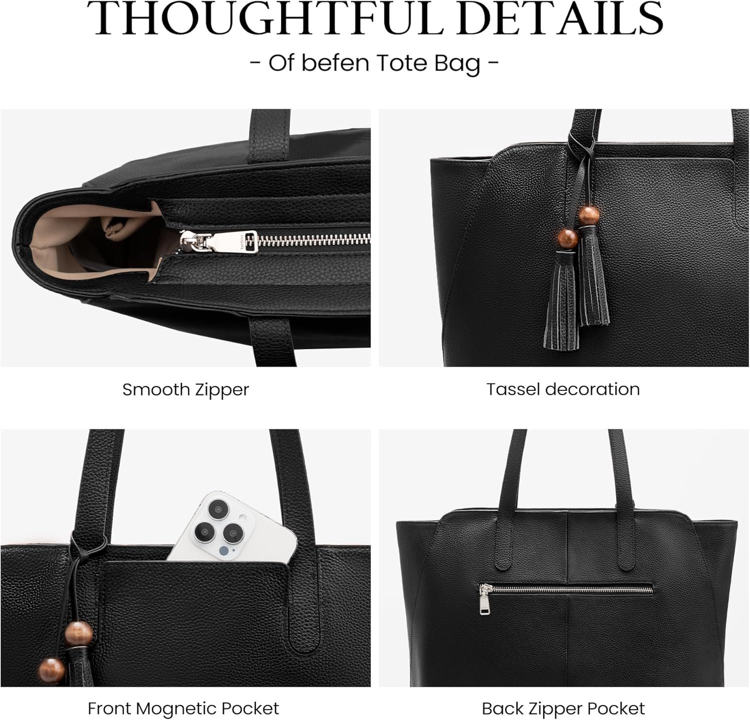 befen Genuine Leather Tote Bag for Women Work, Women's Tote Handbags Shoulder Satchel Purse with Compartments and Tassel - Image 5