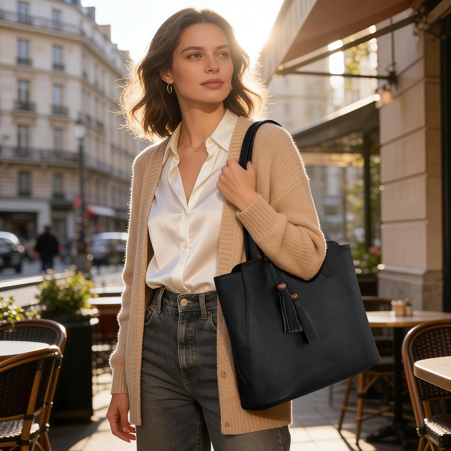 befen Genuine Leather Tote Bag for Women Work, Women's Tote Handbags Shoulder Satchel Purse with Compartments and Tassel - Image 2