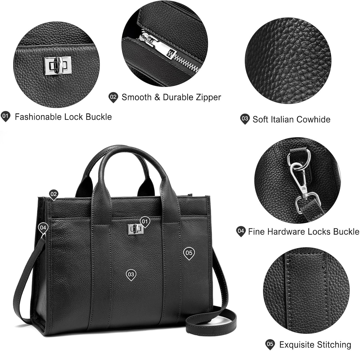 Genuine Leather Tote Bag for Women: Leather Work Bag with Compartments Handbags - Ladies Crossbody Shoulder Medium Purse - Image 4