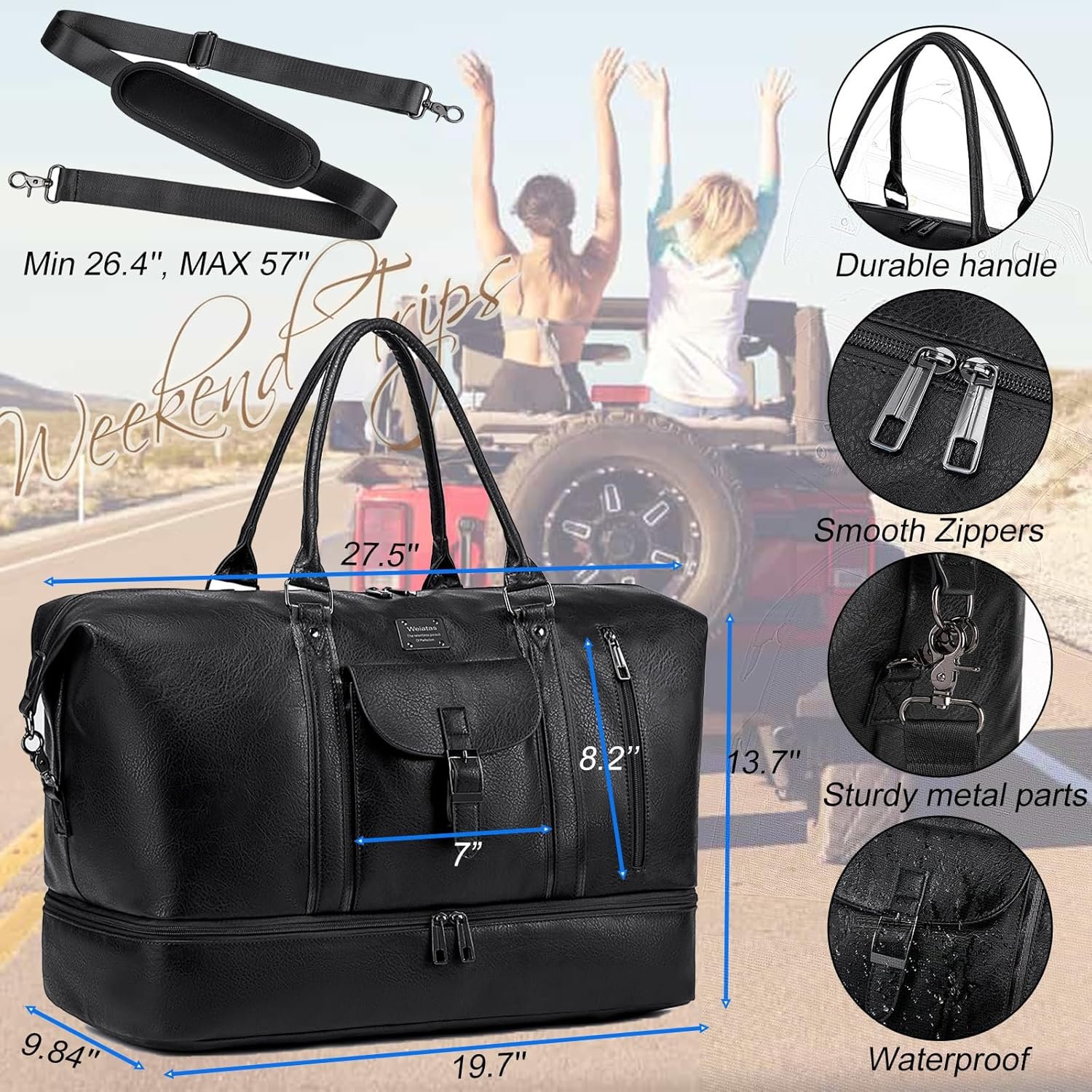 weiatas Faux Leather Travel Duffel Bag for Women Men, Large Weekender Overnight Bag with Shoes Compartment, Waterproof Carry On Bag Travel Tote Bag Gym Bag with Luggage Strap (Black) - Image 5