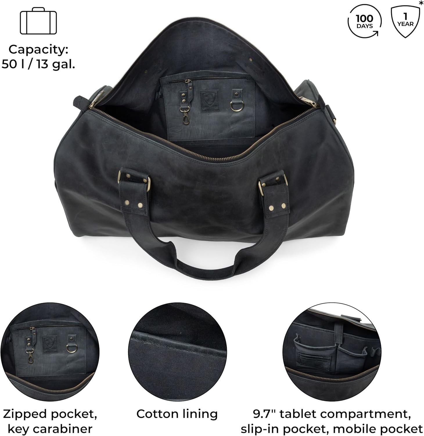 Berliner Bags Vintage Genuine Leather Duffle Bag Oslo for Travel or the Gym, Weekender, Travel Bag, Overnight Bag for Men and Women - Brown - Dark Grey - Image 4