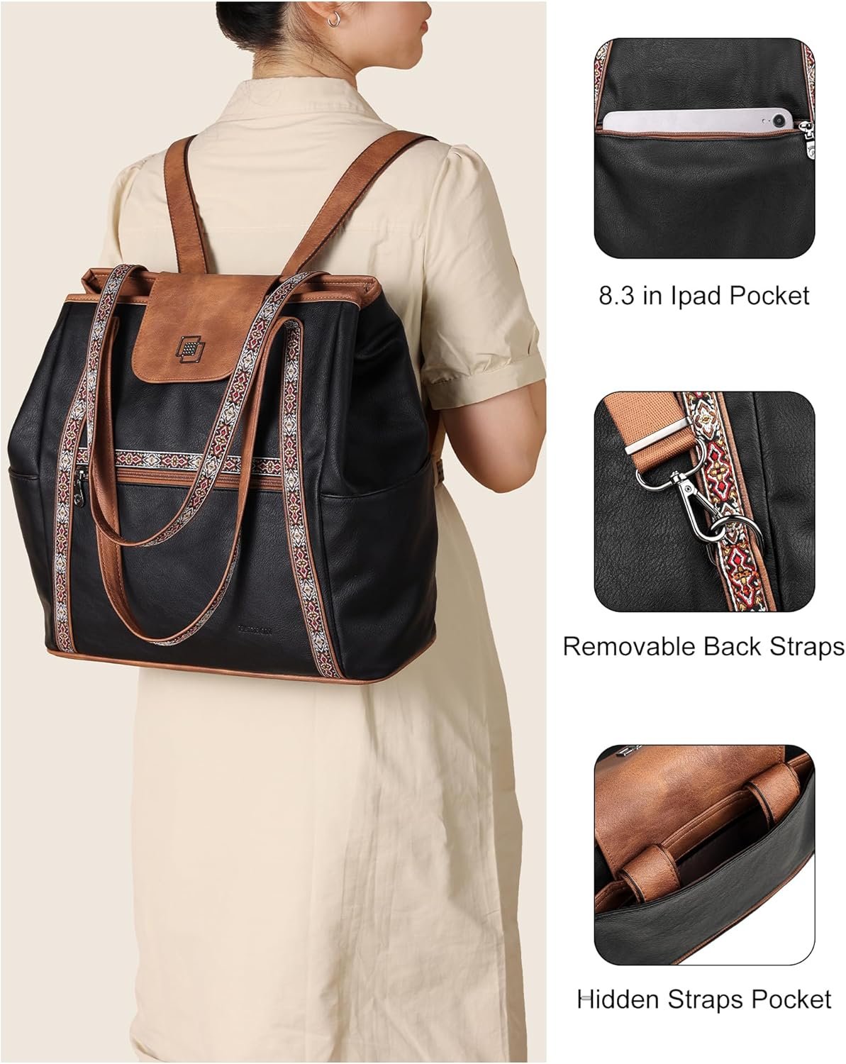 FADEON Large Laptop Tote Bag for Women Designer Leather Laptop Bag Fashion Travel Backpack Purse Shoulder Handbag - Image 5