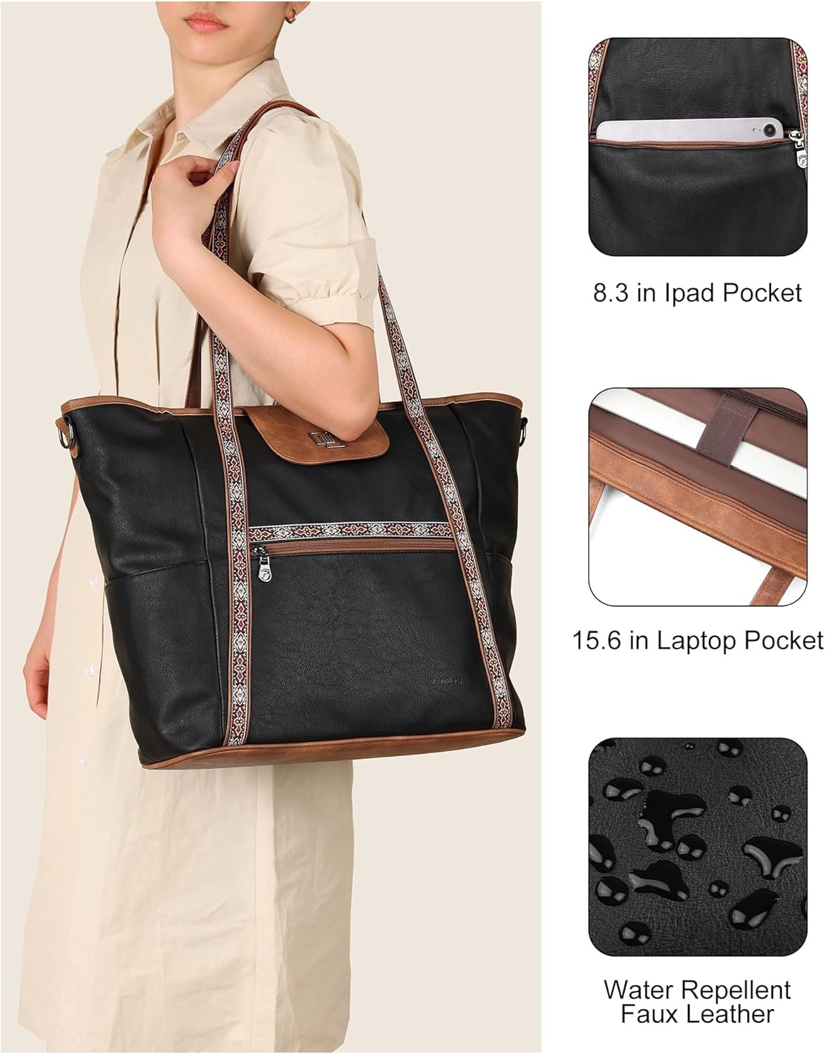 FADEON Large Laptop Tote Bag for Women Designer Leather Laptop Bag Fashion Travel Backpack Purse Shoulder Handbag - Image 6