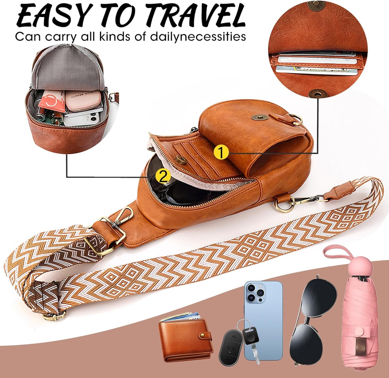 KlaOYer Sling Leather Bags For Women Crossbody Small Fanny Pack Purses Chest Bags With Guitar Strap For Gril Lady - Image 2