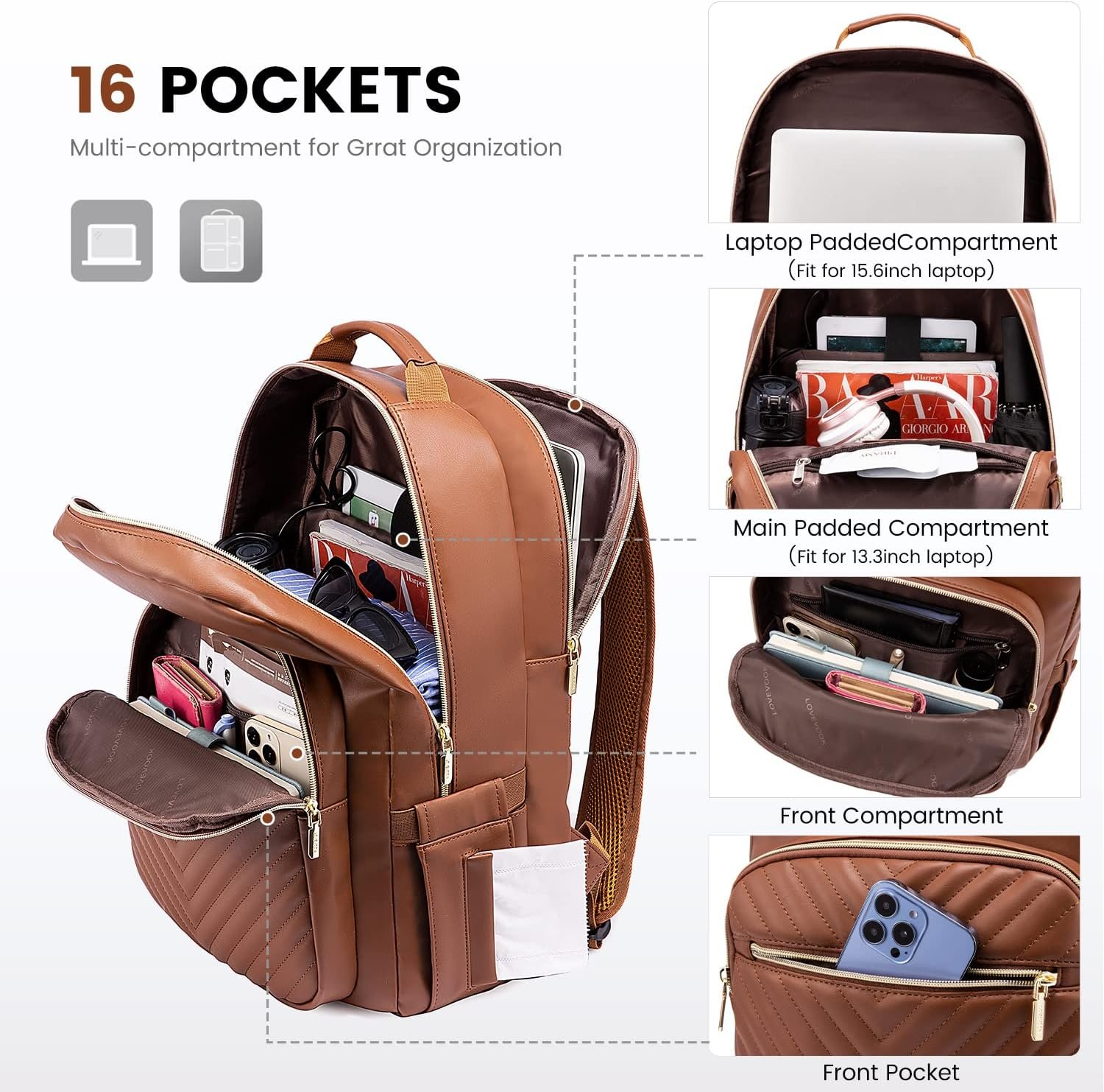 LOVEVOOK Laptop Backpack Purse for Women, Large Capacity Travel Computer Work Bag, Faux PU Leather Quilted Casual Nurse Backpack for Womens, Fit 15.6 Inch Laptop with USB Port, Brown - Image 2