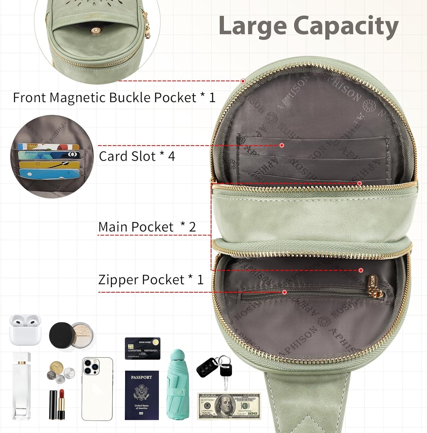 APHISON Small Sling Bag Fanny Packs Cell Phone Purse Vegan Leather Crossbody Bags for Women Chest Bag with Adjustable Strap Green - Image 3