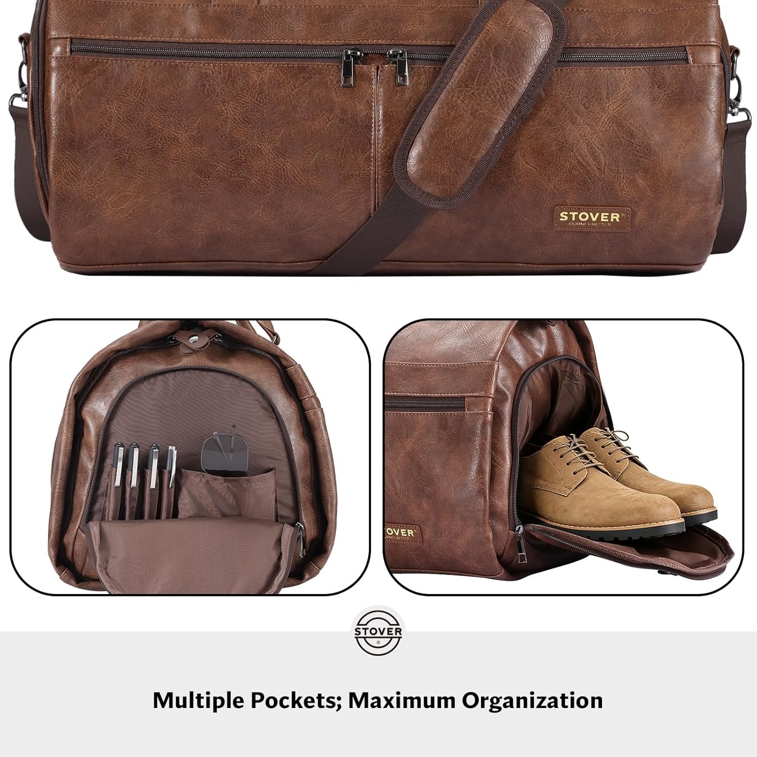 STOVER Garment Travel Duffle Bag, Large 2-in-1 Convertible Carry-on Luggage for Men & Women- Hanging Suits, Dresses & Clothes + Shoe Compartment- Weekender Tote Combo Duffel (Brown Leatherette) - Image 5