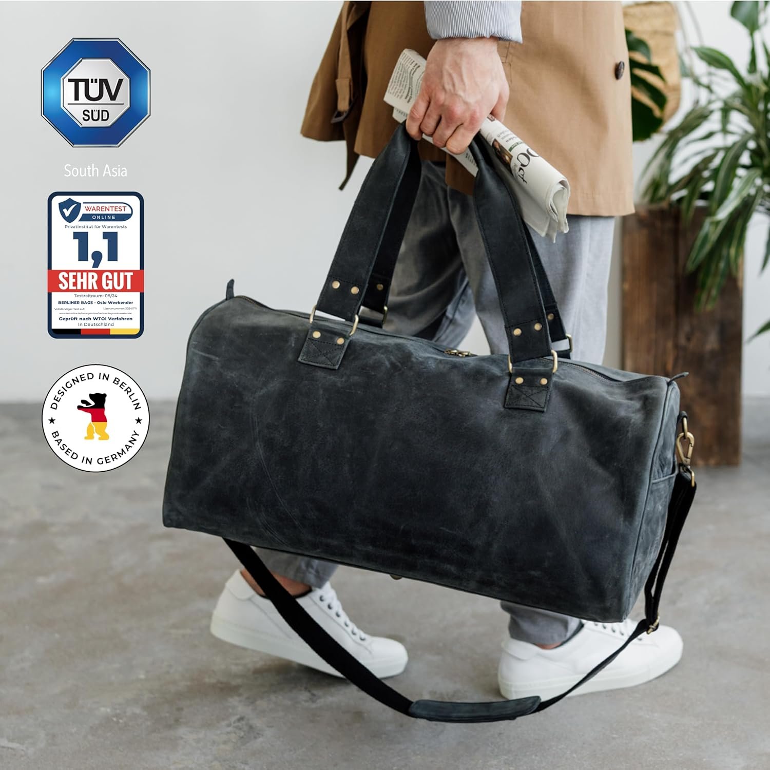 Berliner Bags Vintage Genuine Leather Duffle Bag Oslo for Travel or the Gym, Weekender, Travel Bag, Overnight Bag for Men and Women - Brown - Dark Grey - Image 3