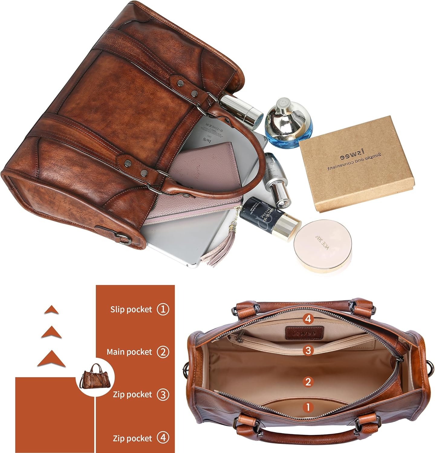 Iswee Satchel Bags for Women Genuine Shoulder Bag Leather Handbags Hobo Crossbody Bags Vintage Purse Tote Bag - Image 7