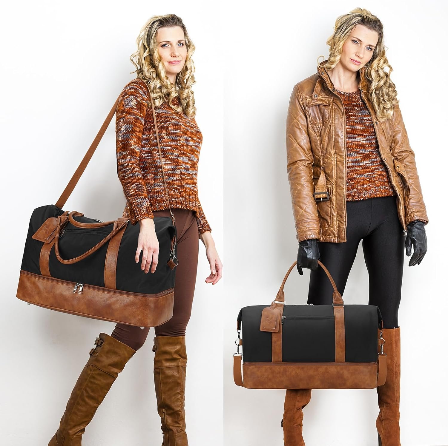 Oeihuivt Weekender Bags for Women - 21 Inch Large Travel Duffel Bag 2-Piece Set with Shoe Compartment, Heavy-Duty Canvas Leather Carry On Overnight Tote - Image 8