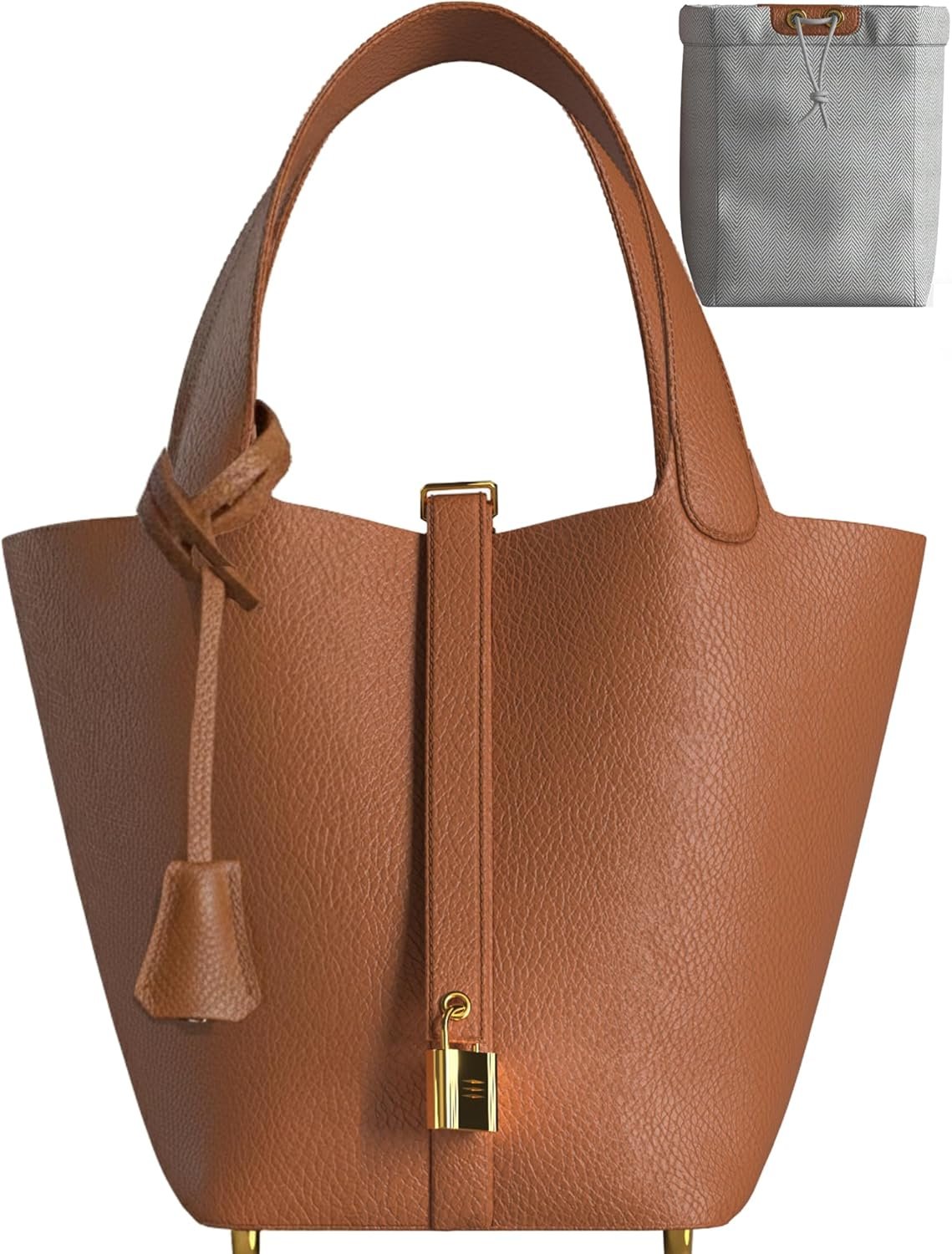 Leather Bucket Bag – Premium Leather Satchel with Drawstring Pouch, Mini Lock Design