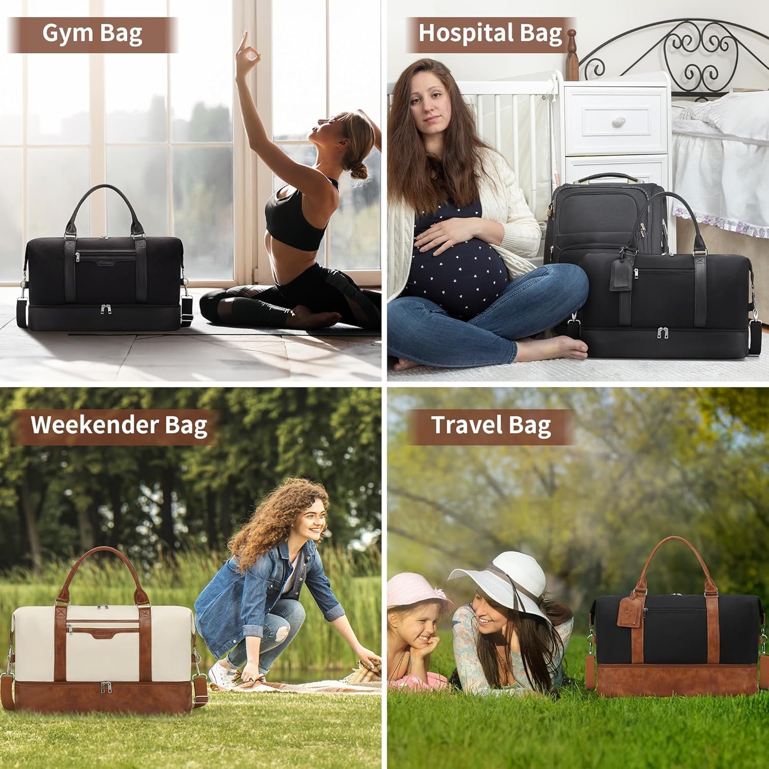 Oeihuivt Weekender Bags for Women - 21 Inch Large Travel Duffel Bag 2-Piece Set with Shoe Compartment, Heavy-Duty Canvas Leather Carry On Overnight Tote - Image 5