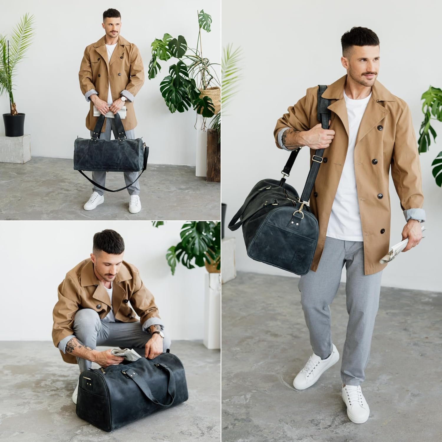 Berliner Bags Vintage Genuine Leather Duffle Bag Oslo for Travel or the Gym, Weekender, Travel Bag, Overnight Bag for Men and Women - Brown - Dark Grey - Image 7