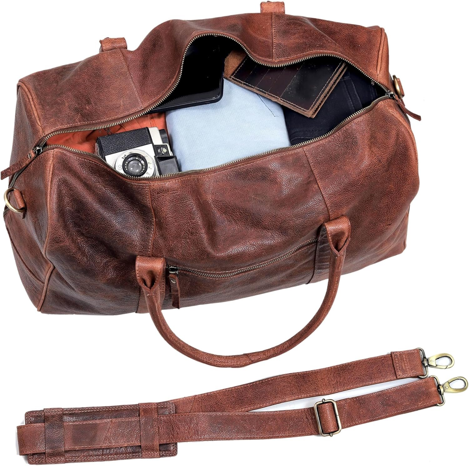 21 inch Cowhide Leather Duffel Bag for Men and Women Handmade Weekender Overnight Travel Gym Bag Vintage Style Carry On Cabin Luggage Sports Shoulder Duffle Bag - Image 4