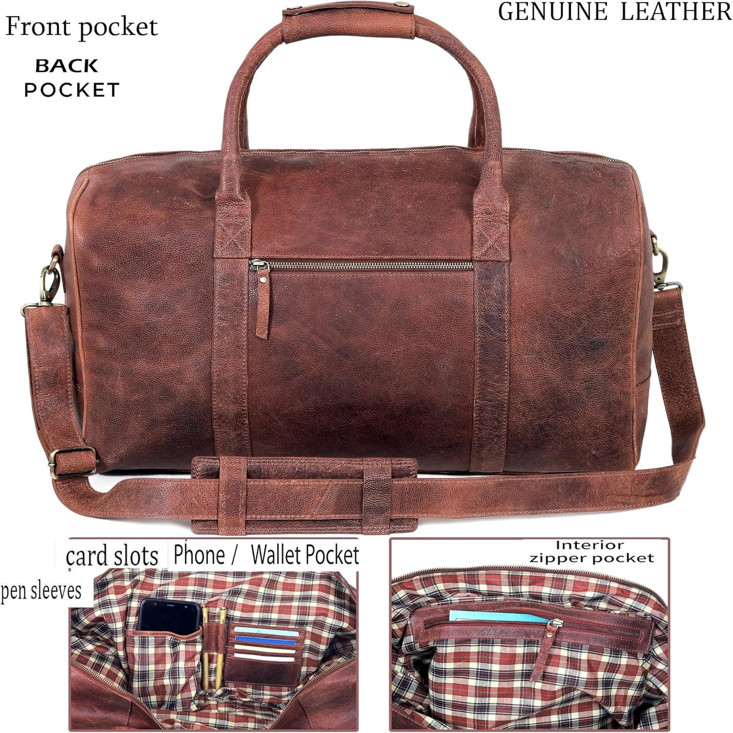 21 inch Cowhide Leather Duffel Bag for Men and Women Handmade Weekender Overnight Travel Gym Bag Vintage Style Carry On Cabin Luggage Sports Shoulder Duffle Bag - Image 7